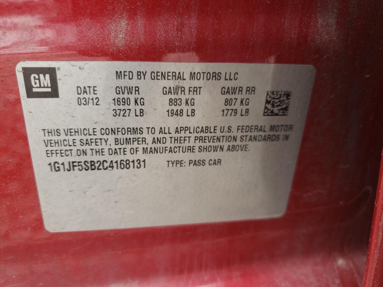 Photo 10 from auction – 2012 CHEVROLET SONIC LTZ with VIN 1G1JF5SB2C4168131