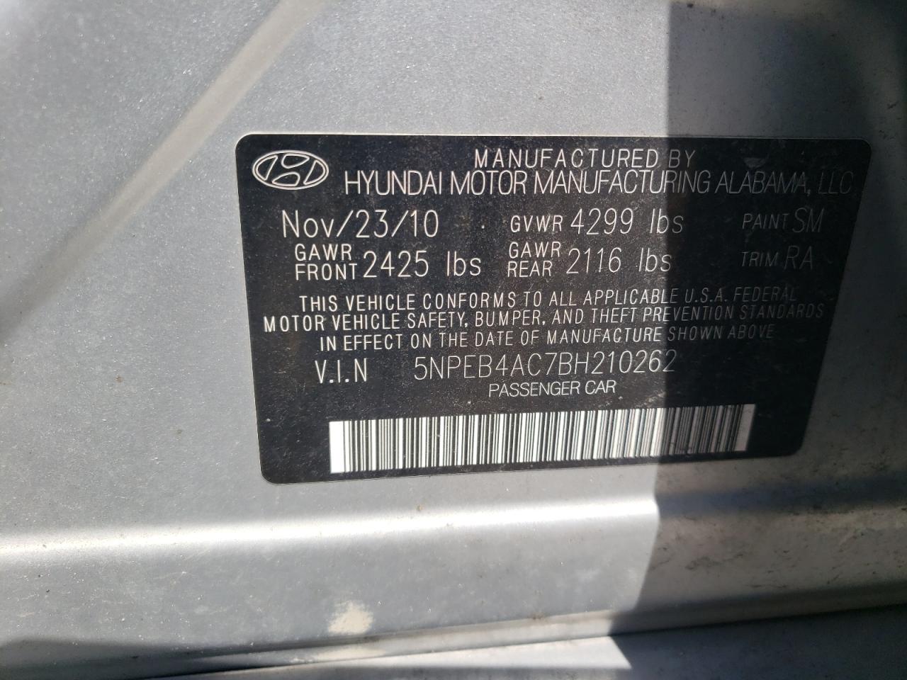Photo 10 from auction – 2011 HYUNDAI SONATA GLS with VIN 5NPEB4AC7BH210262