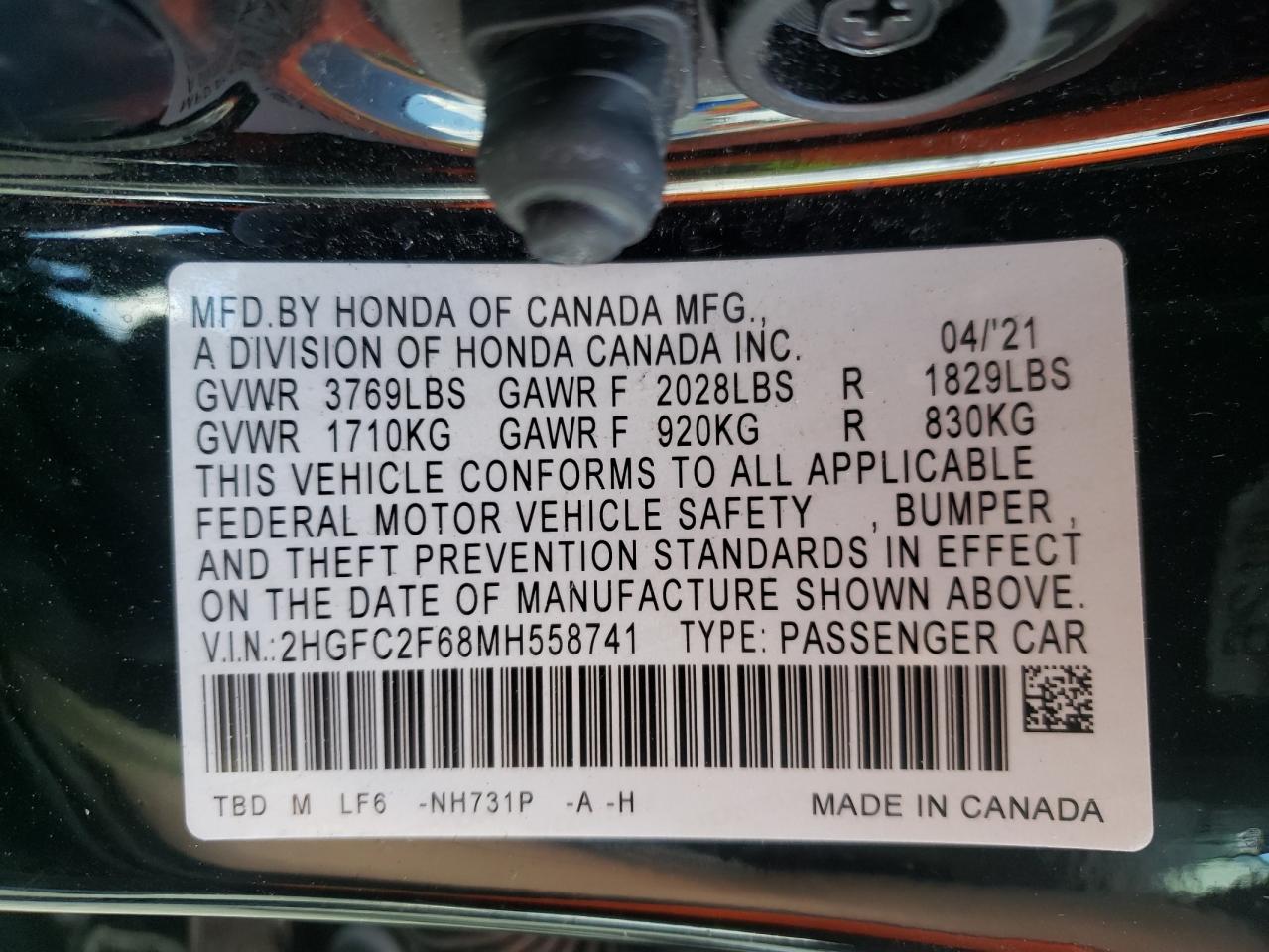 Photo 10 from auction – 2021 HONDA CIVIC LX with VIN 2HGFC2F68MH558741