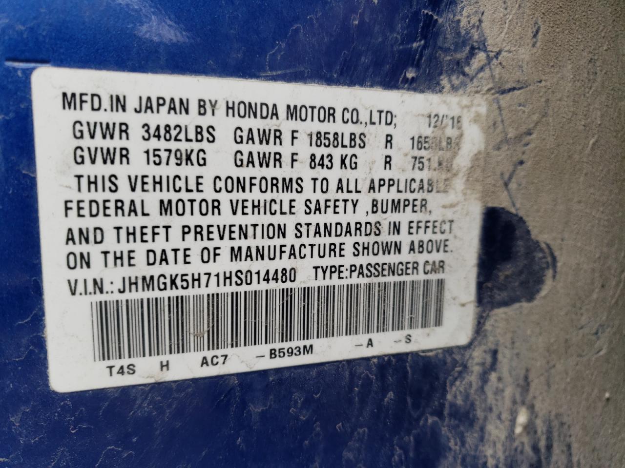 Photo 10 from auction – 2017 HONDA FIT EX with VIN JHMGK5H71HS014480
