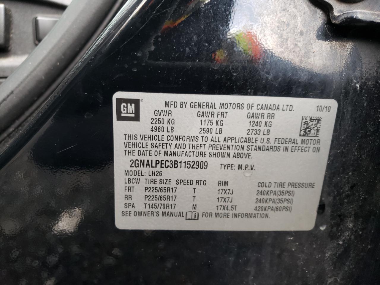 Photo 10 from auction – 2011 CHEVROLET EQUINOX LT with VIN 2GNALPEC3B1152909