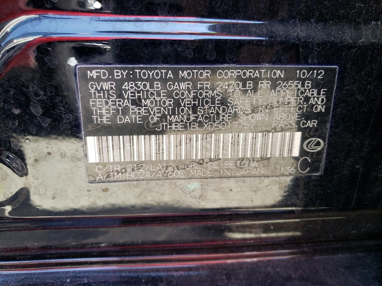 Photo 10 from auction – 2013 LEXUS GS 350 with VIN JTHBE1BLXD5017757
