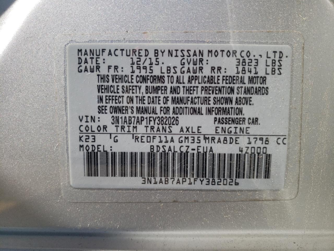 Photo 10 from auction – 2015 NISSAN SENTRA S with VIN 3N1AB7AP1FY382026