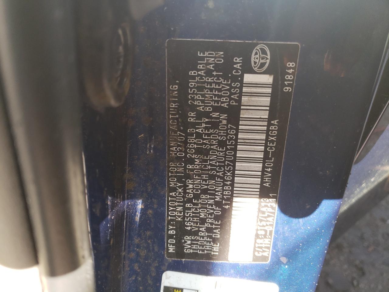 Photo 10 from auction – 2007 TOYOTA CAMRY HYBR with VIN 4T1BB46K57U015367