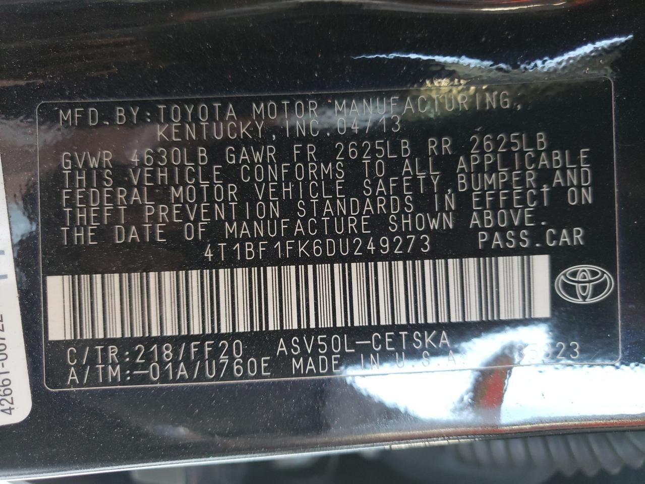 Photo 10 from auction – 2013 TOYOTA CAMRY L with VIN 4T1BF1FK6DU249273