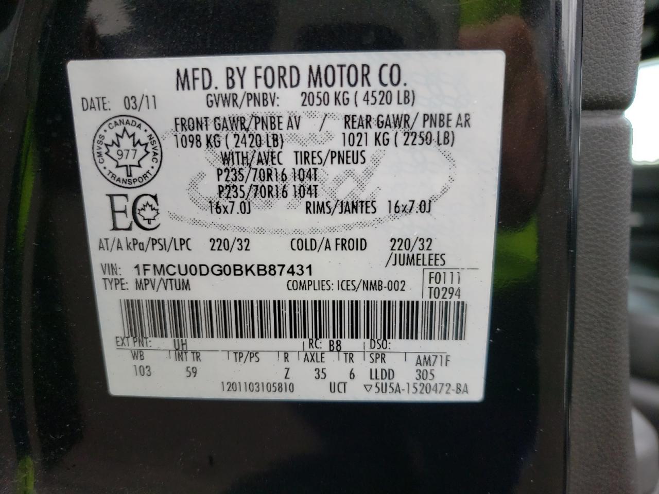 Photo 10 from auction – 2011 FORD ESCAPE XLT with VIN 1FMCU0DG0BKB87431