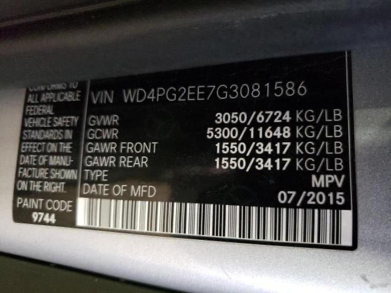 Photo 10 from auction – 2016 MERCEDES-BENZ METRIS with VIN WD4PG2EE7G3081586