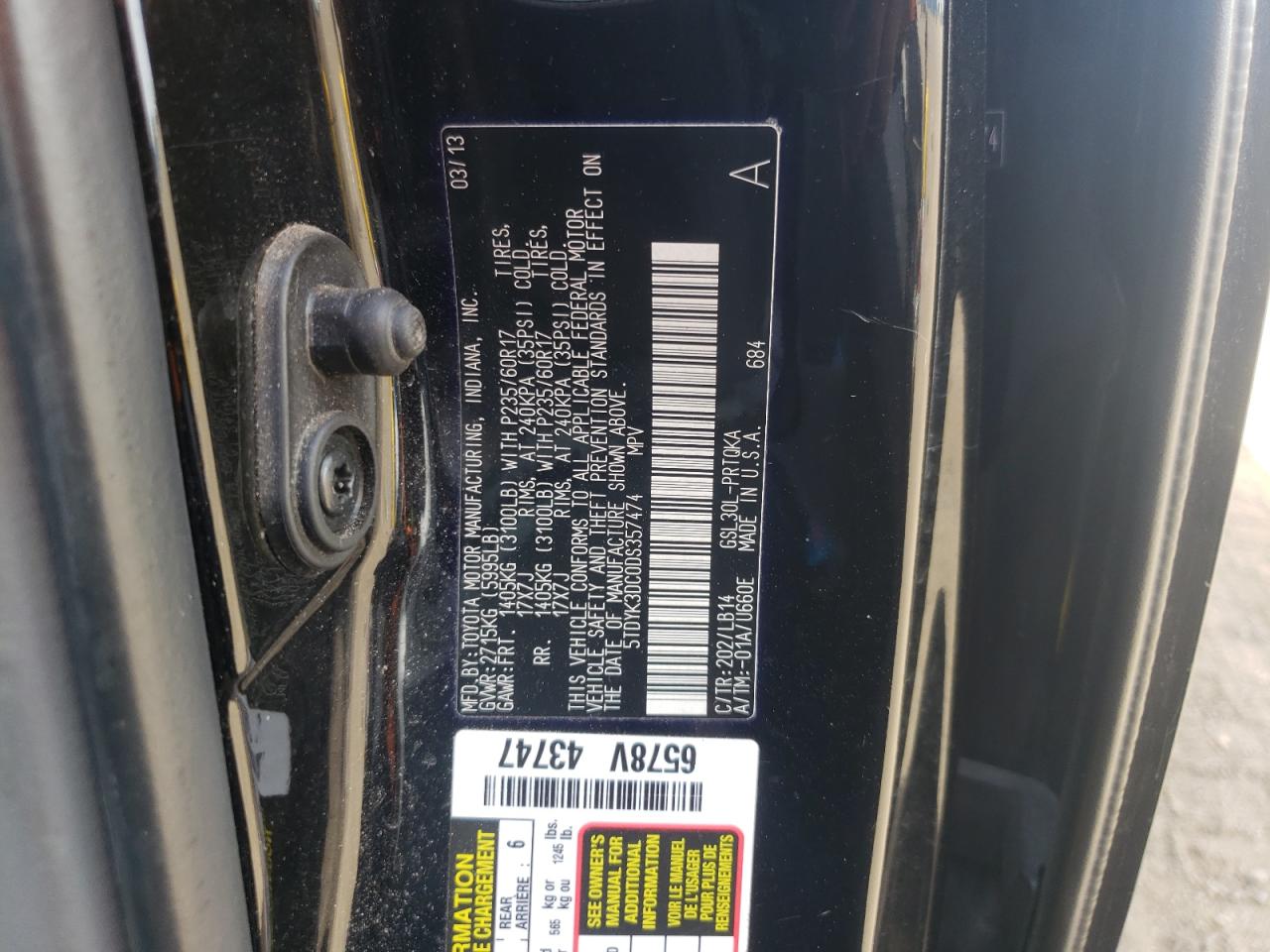 Photo 10 from auction – 2013 TOYOTA SIENNA XLE with VIN 5TDYK3DC0DS357474
