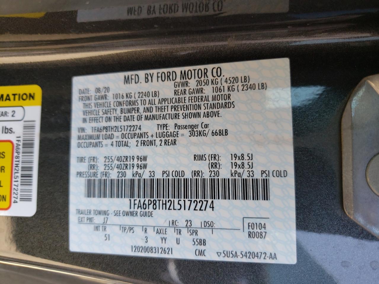 Photo 10 from auction – 2020 FORD MUSTANG with VIN 1FA6P8TH2L5172274
