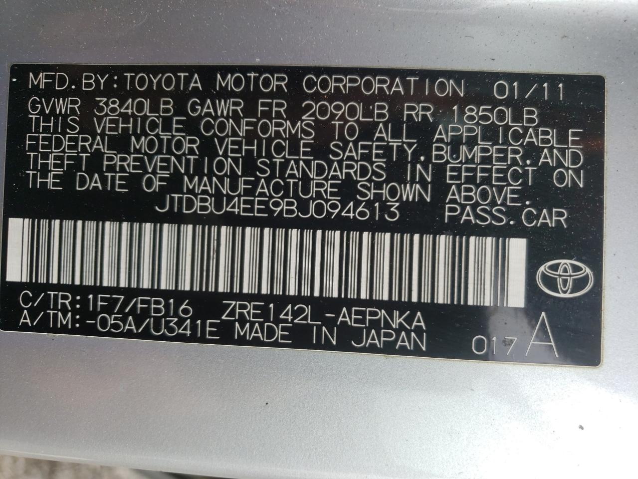 Photo 10 from auction – 2011 TOYOTA COROLLA BA with VIN JTDBU4EE9BJ094613