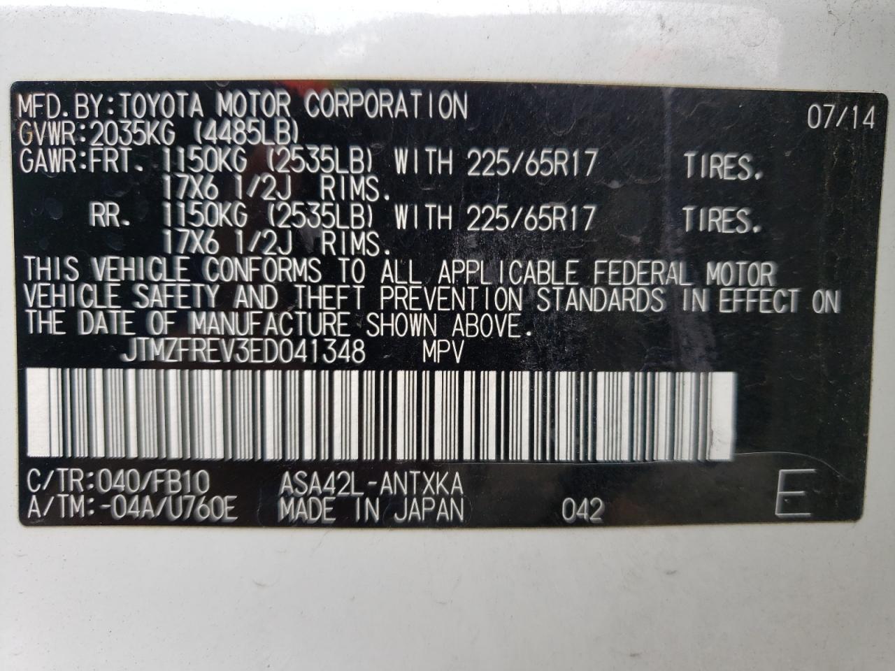 Photo 10 from auction – 2014 TOYOTA RAV4 LE with VIN JTMZFREV3ED041348