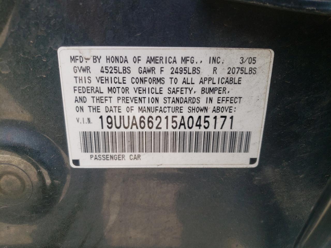 Photo 10 from auction – 2005 ACURA TL with VIN 19UUA66215A045171