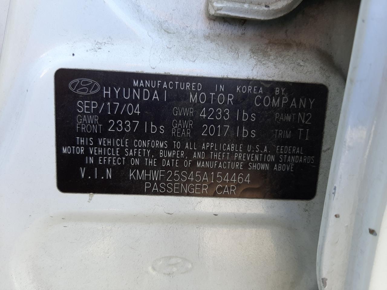 Photo 10 from auction – 2005 HYUNDAI SONATA GL with VIN KMHWF25S45A154464