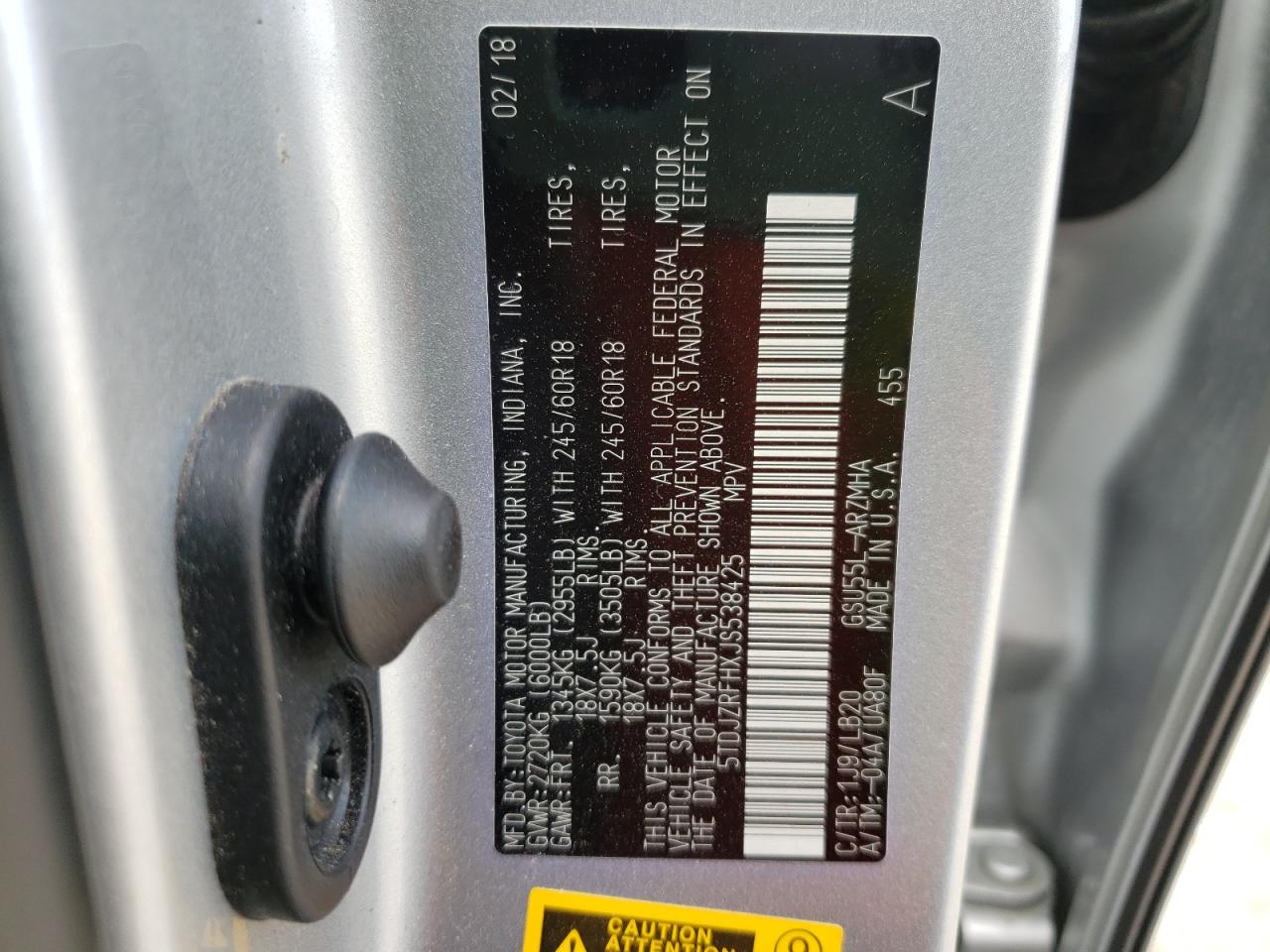 Photo 10 from auction – 2018 TOYOTA HIGHLANDER with VIN 5TDJZRFHXJS538425