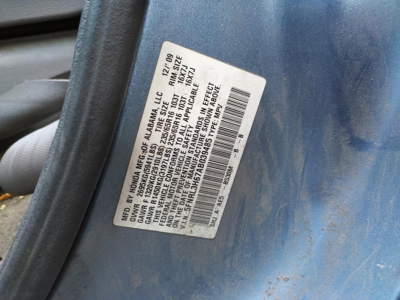 Photo 10 from auction – 2010 HONDA ODYSSEY EX with VIN 5FNRL3H67AB039485
