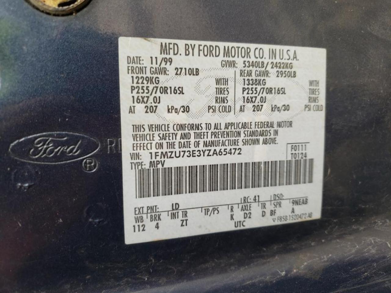 Photo 10 from auction – 2000 FORD EXPLORER X with VIN 1FMZU73E3YZA65472