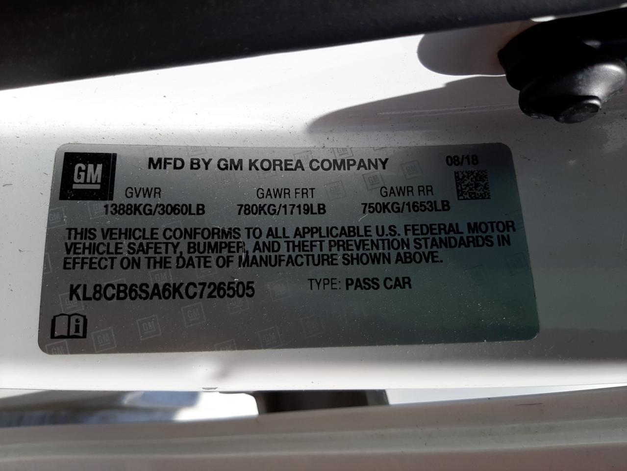 Photo 10 from auction – 2019 CHEVROLET SPARK LS with VIN KL8CB6SA6KC726505