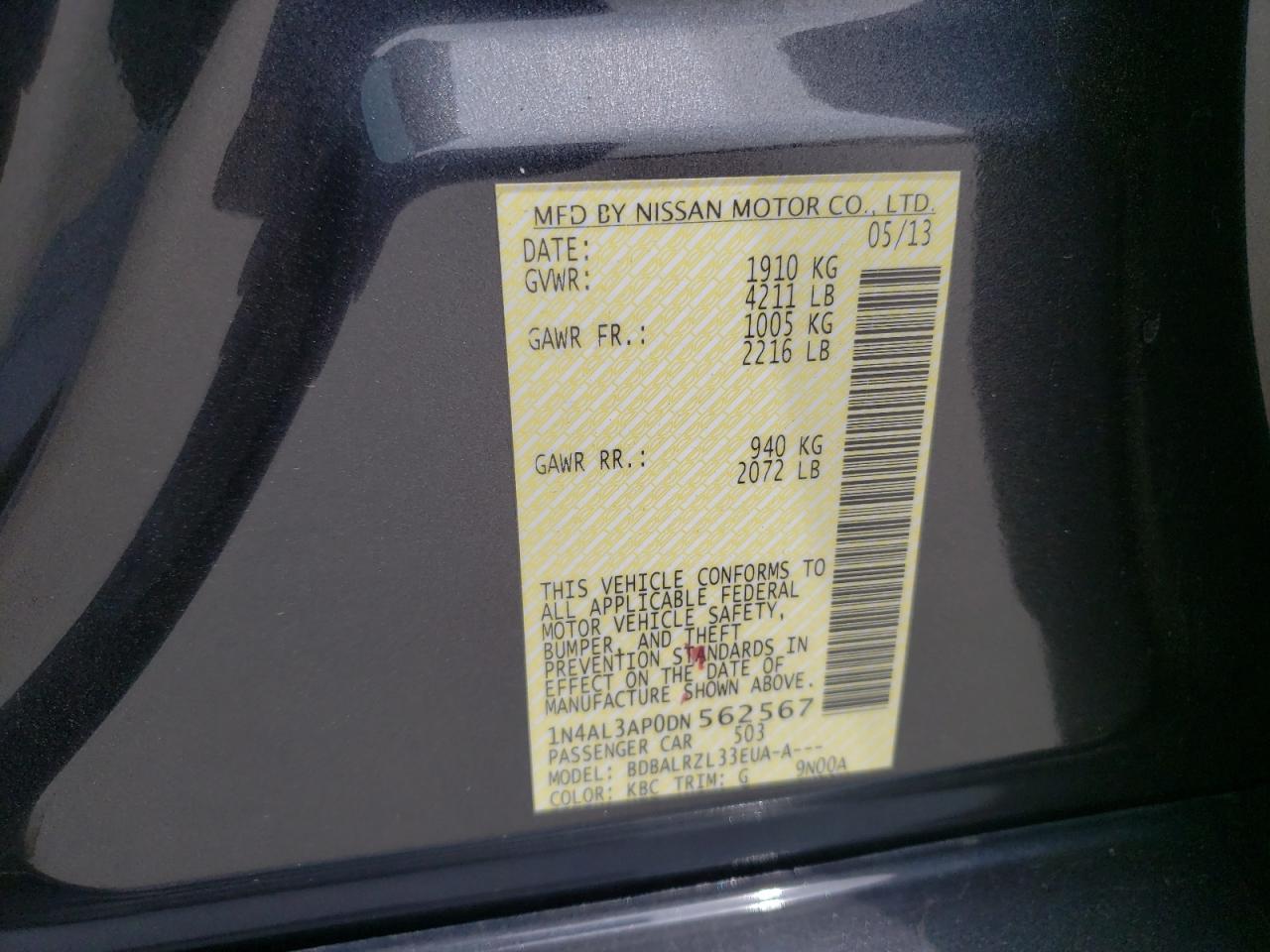 Photo 10 from auction – 2013 NISSAN ALTIMA 2.5 with VIN 1N4AL3AP0DN562567