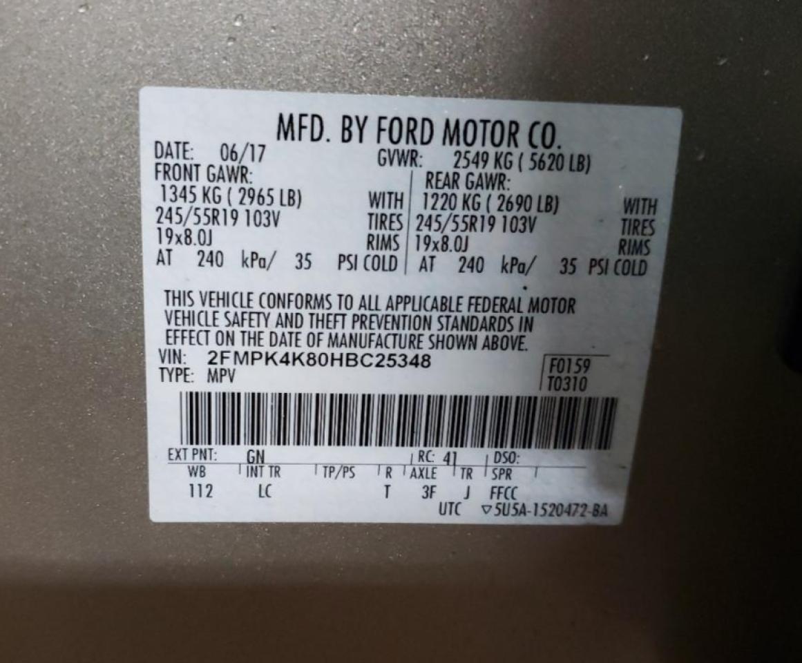Photo 10 from auction – 2017 FORD EDGE TITAN with VIN 2FMPK4K80HBC25348