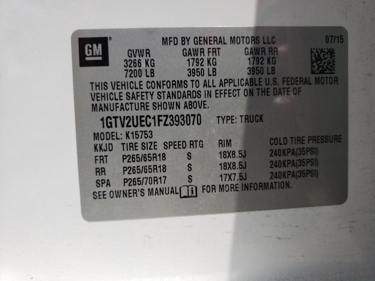 Photo 10 from auction – 2015 GMC SIERRA K15 with VIN 1GTV2UEC1FZ393070