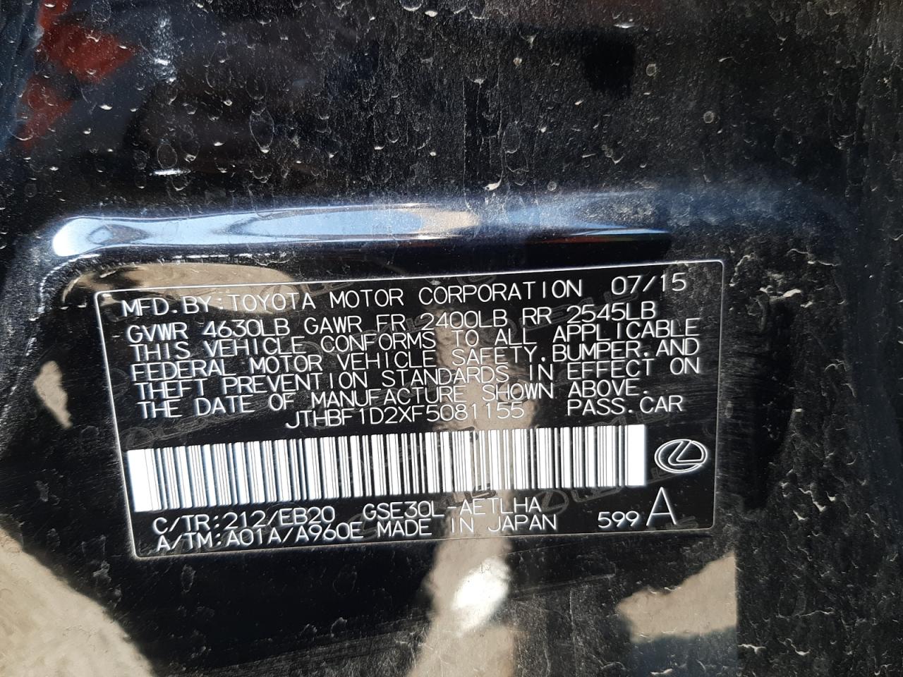 Photo 10 from auction – 2015 LEXUS IS 250 with VIN JTHBF1D2XF5081155