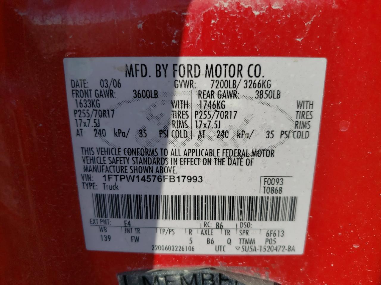 Photo 10 from auction – 2006 FORD F150 SUPER with VIN 1FTPW14576FB17993