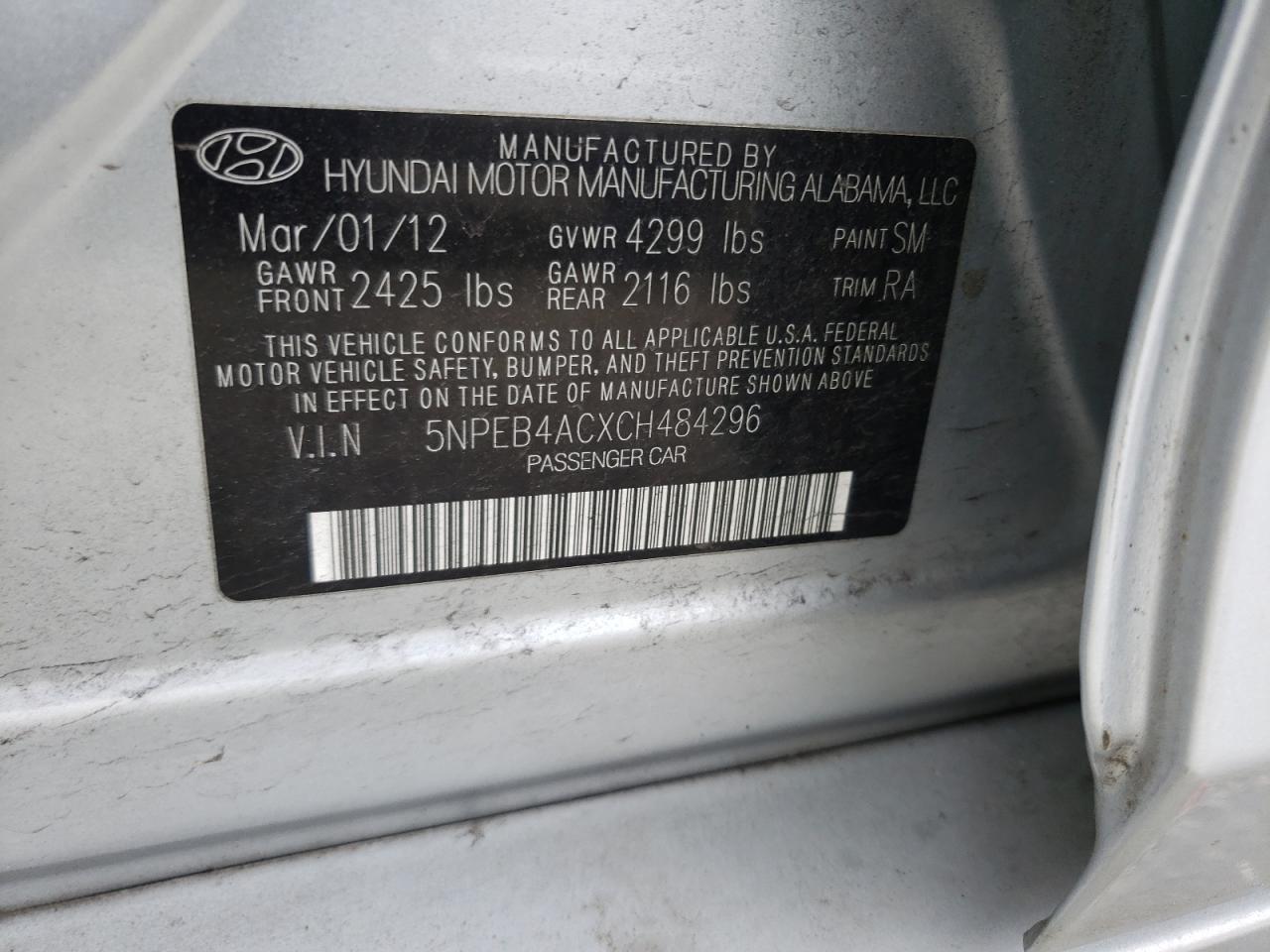 Photo 10 from auction – 2012 HYUNDAI SONATA GLS with VIN 5NPEB4ACXCH484296