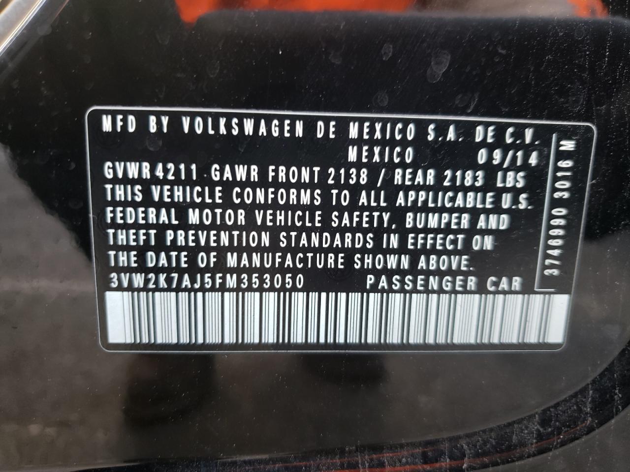 Photo 10 from auction – 2015 VOLKSWAGEN JETTA BASE with VIN 3VW2K7AJ5FM353050