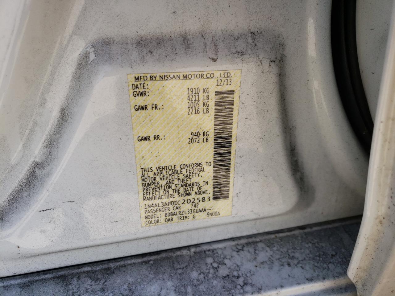 Photo 10 from auction – 2014 NISSAN ALTIMA 2.5 with VIN 1N4AL3AP0EC202583