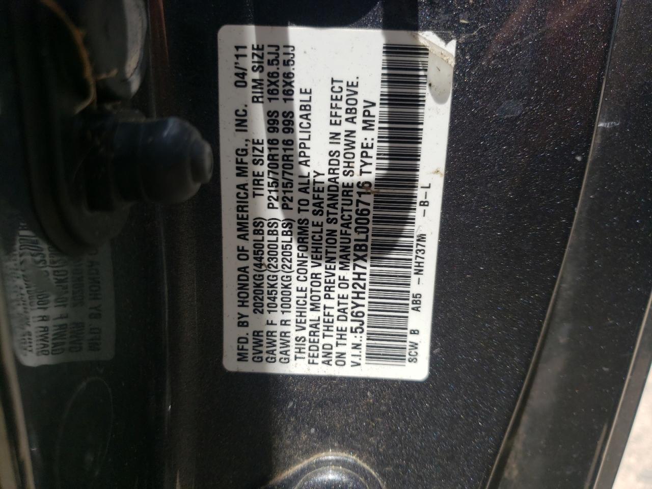 Photo 10 from auction – 2011 HONDA ELEMENT EX with VIN 5J6YH2H7XBL006716
