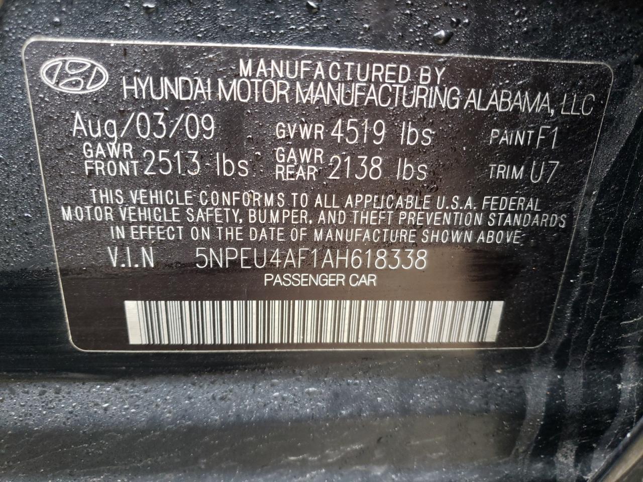 Photo 10 from auction – 2010 HYUNDAI SONATA SE with VIN 5NPEU4AF1AH618338