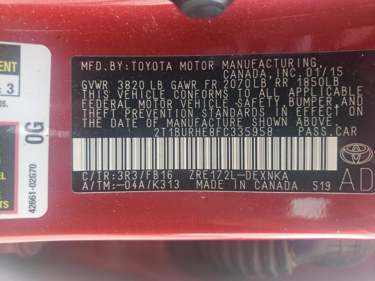 Photo 10 from auction – 2015 TOYOTA COROLLA L with VIN 2T1BURHE8FC335958