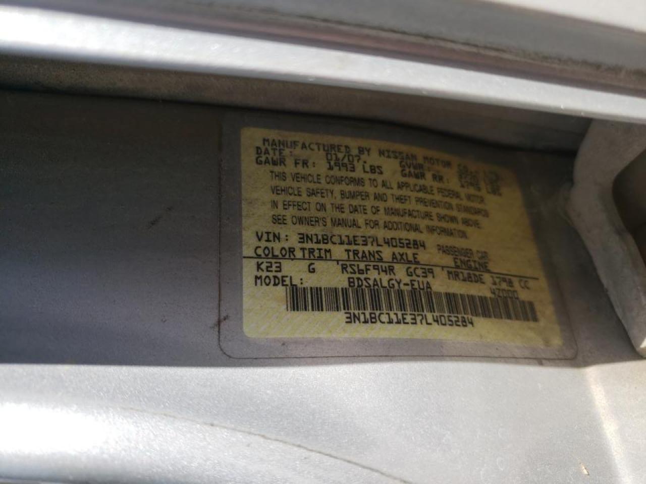 Photo 10 from auction – 2007 NISSAN VERSA S with VIN 3N1BC11E37L405284