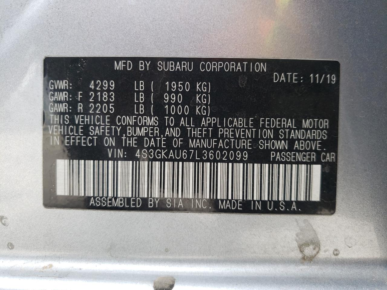 Photo 10 from auction – 2020 SUBARU IMPREZA LI with VIN 4S3GKAU67L3602099