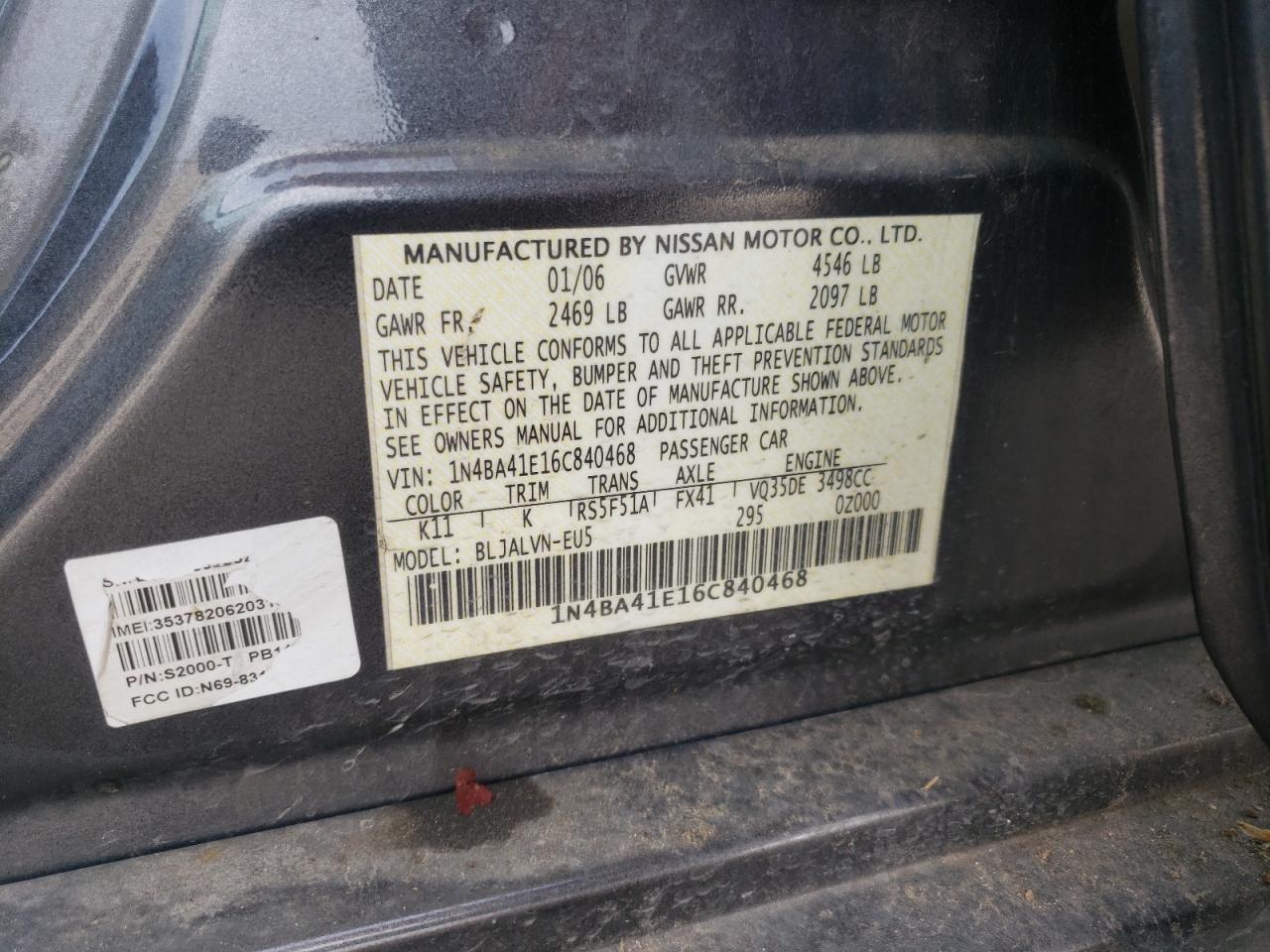 Photo 10 from auction – 2006 NISSAN MAXIMA SE with VIN 1N4BA41E16C840468