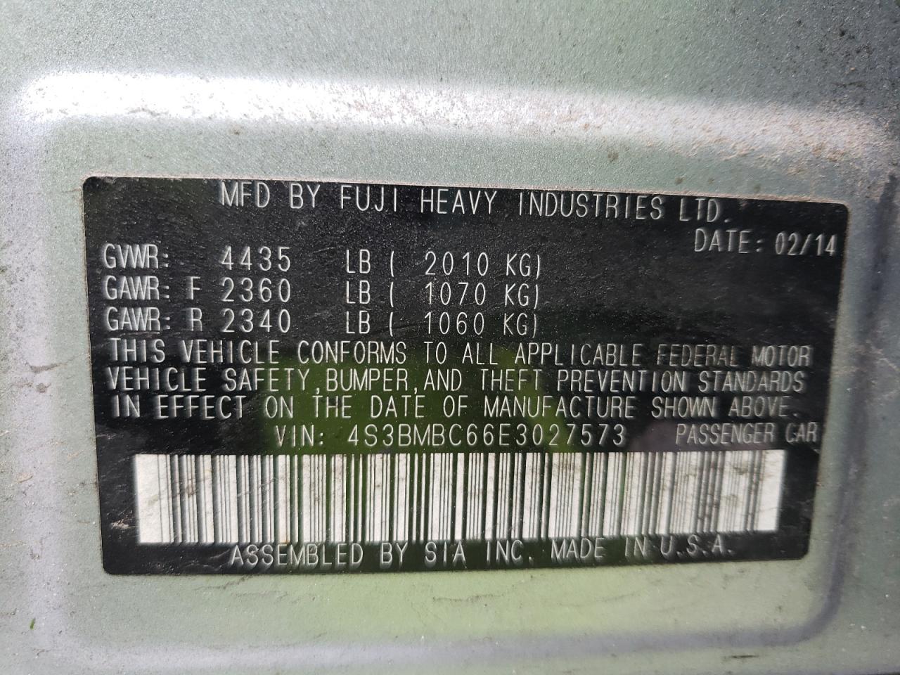 Photo 10 from auction – 2014 SUBARU LEGACY 2.5 with VIN 4S3BMBC66E3027573