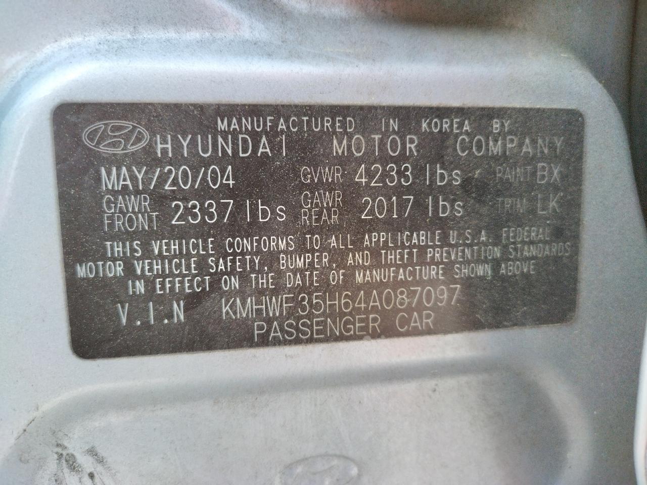 Photo 10 from auction – 2004 HYUNDAI SONATA GLS with VIN KMHWF35H64A087097