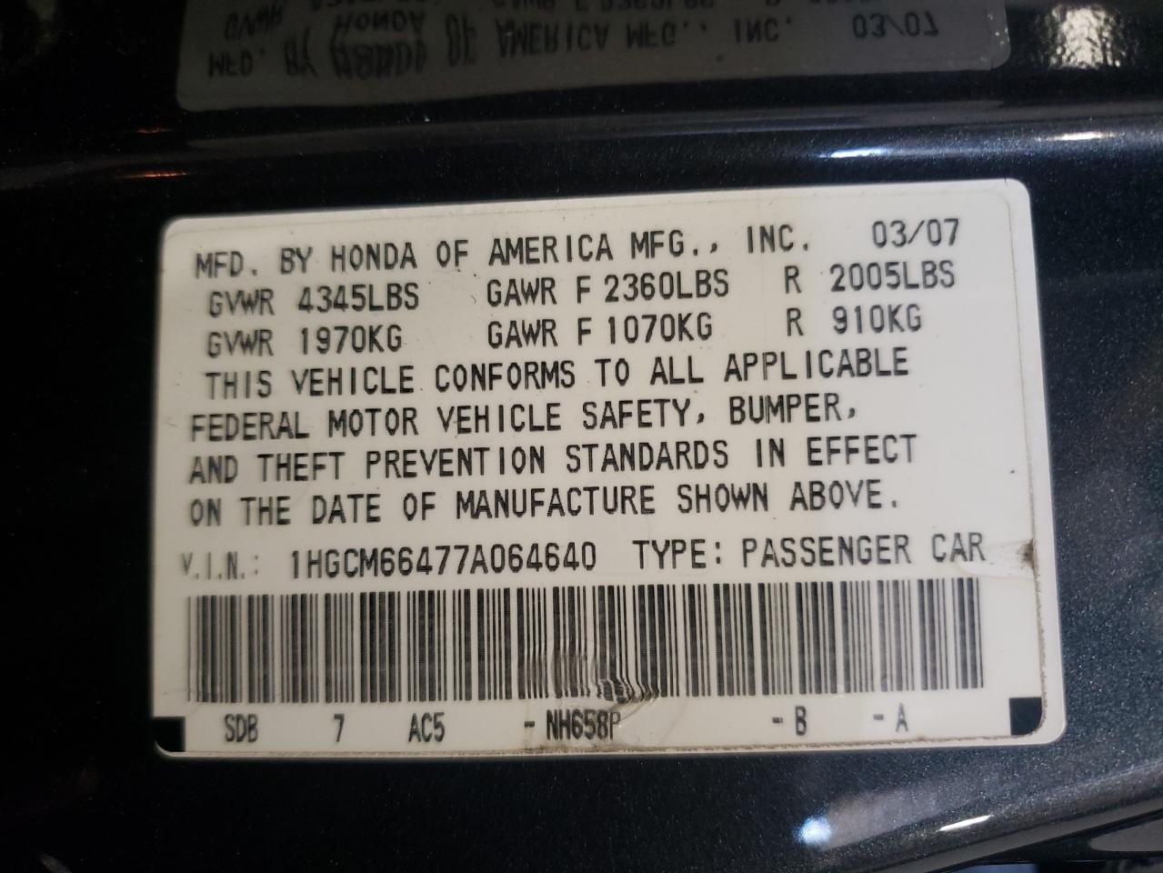 Photo 10 from auction – 2007 HONDA ACCORD SE with VIN 1HGCM66477A064640
