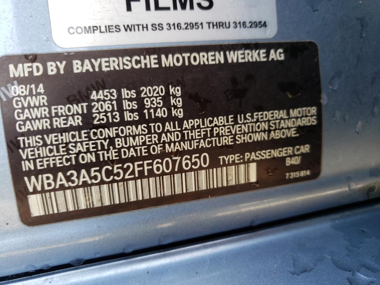 Photo 10 from auction – 2015 BMW 328 I with VIN WBA3A5C52FF607650