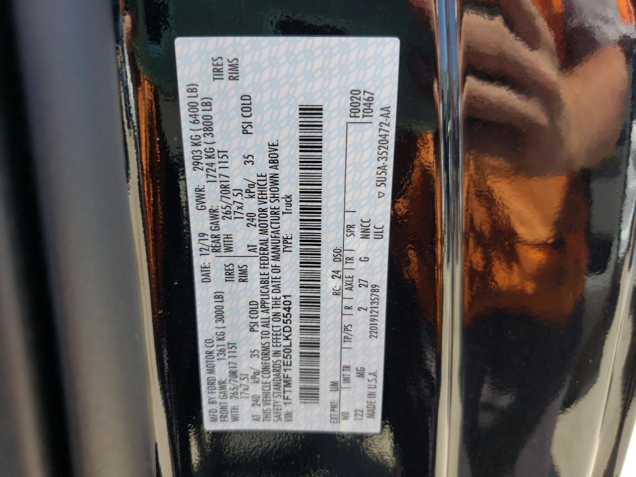 Photo 10 from auction – 2020 FORD F150 with VIN 1FTMF1E50LKD55401