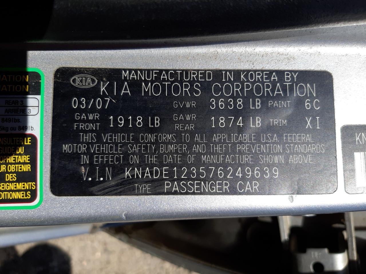 Photo 10 from auction – 2007 KIA RIO BASE with VIN KNADE123576249639