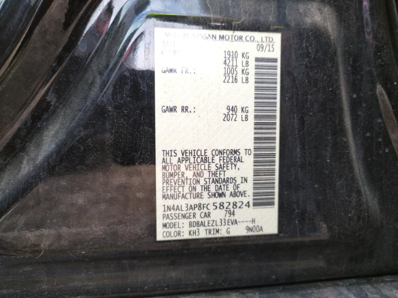 Photo 10 from auction – 2015 NISSAN ALTIMA 2.5 with VIN 1N4AL3AP8FC582824