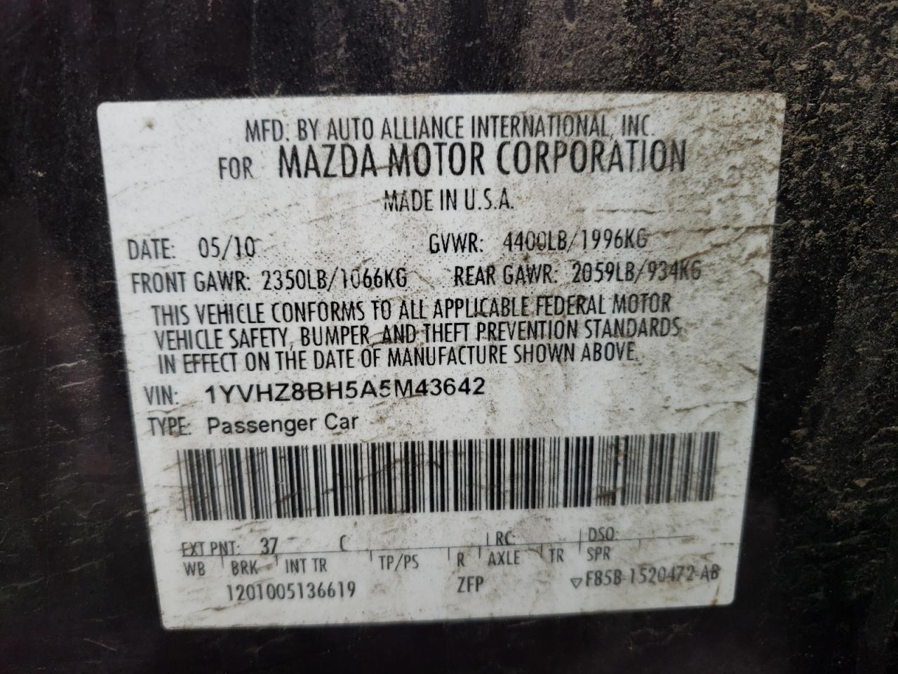 Photo 10 from auction – 2010 MAZDA 6 I with VIN 1YVHZ8BH5A5M43642