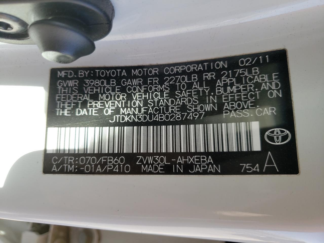 Photo 10 from auction – 2011 TOYOTA PRIUS with VIN JTDKN3DU4B0287497