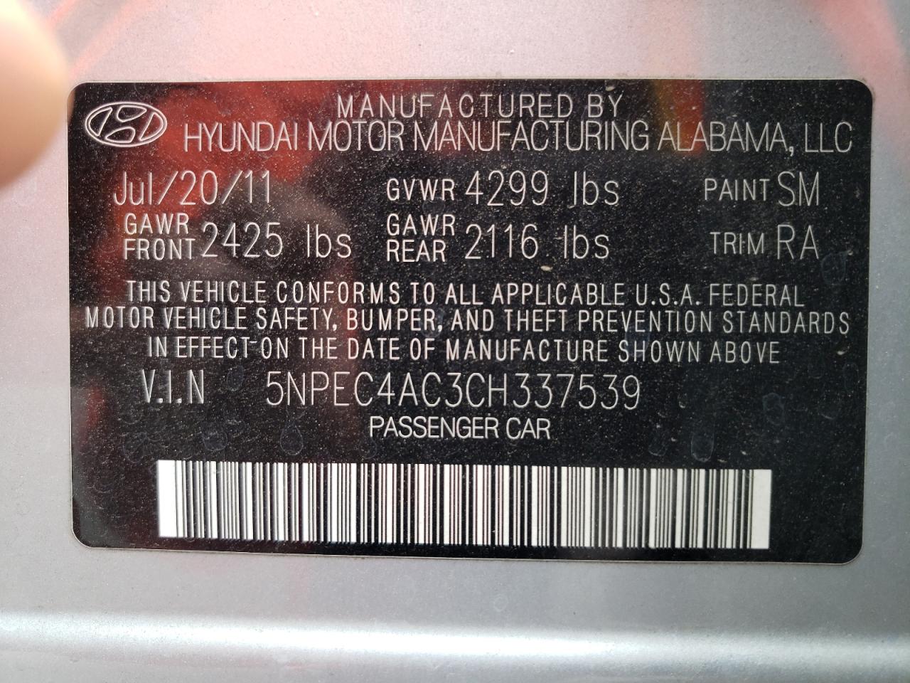 Photo 10 from auction – 2012 HYUNDAI SONATA SE with VIN 5NPEC4AC3CH337539