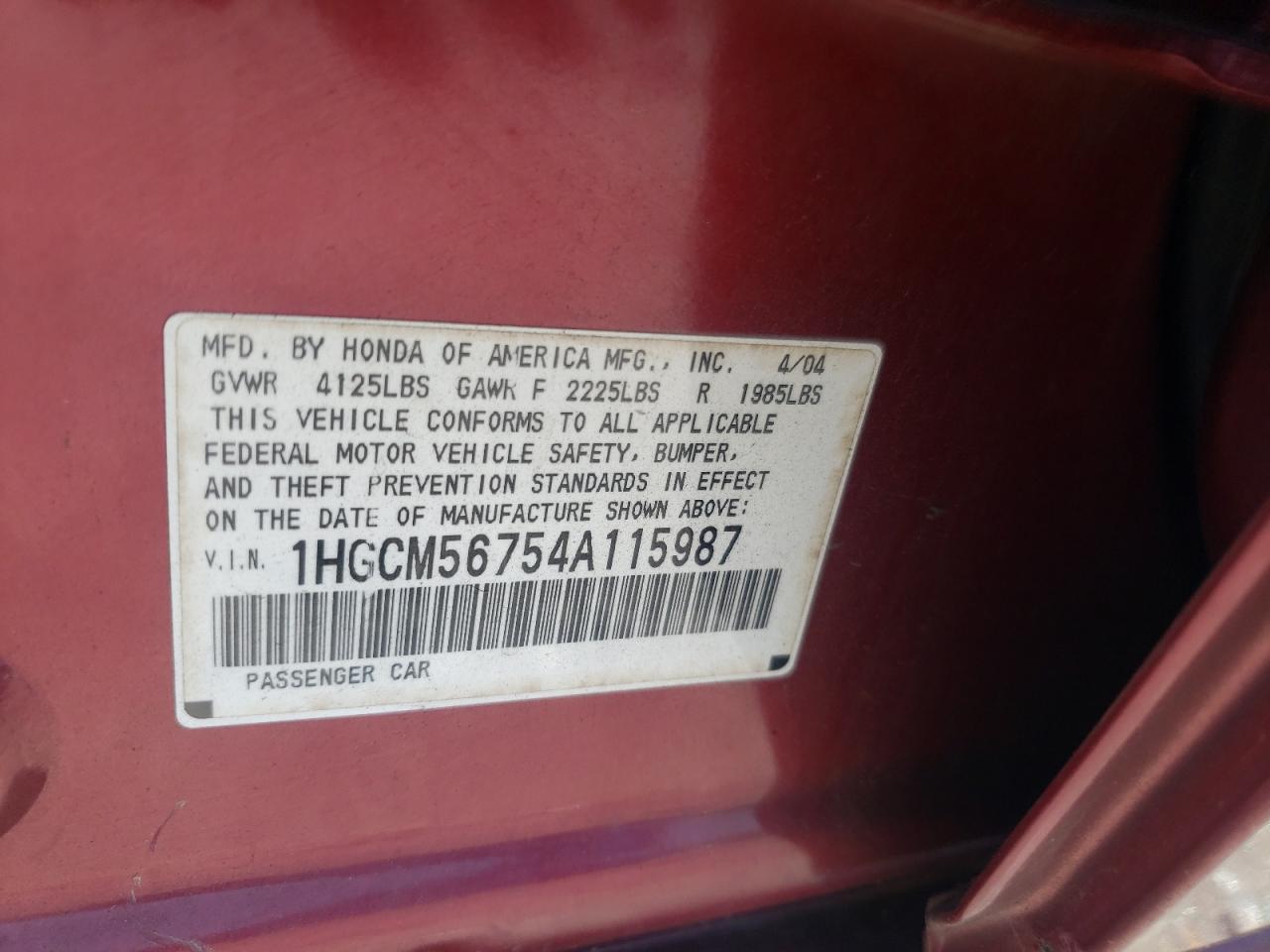 Photo 10 from auction – 2004 HONDA ACCORD EX with VIN 1HGCM56754A115987