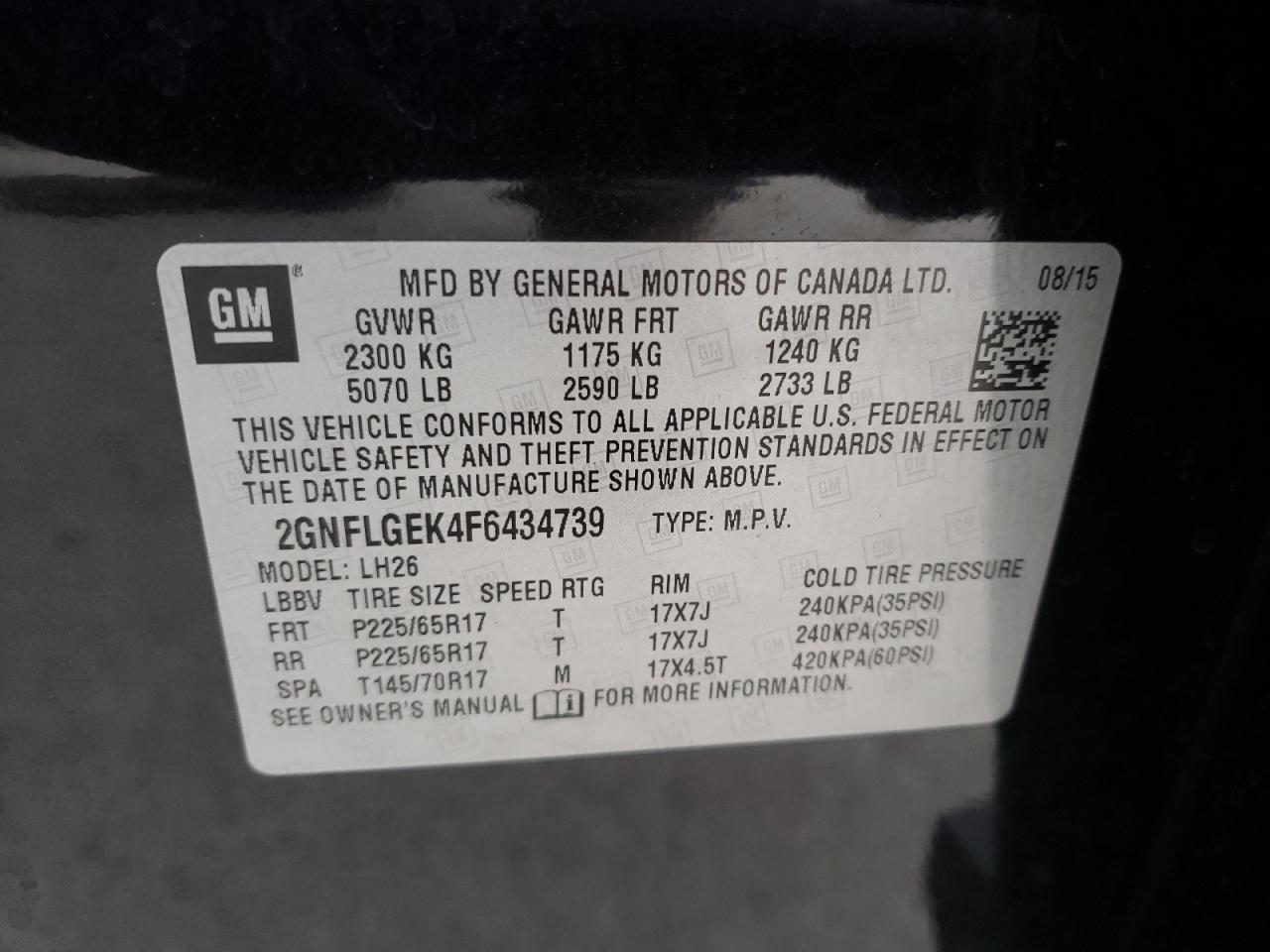 Photo 10 from auction – 2015 CHEVROLET EQUINOX LT with VIN 2GNFLGEK4F6434739