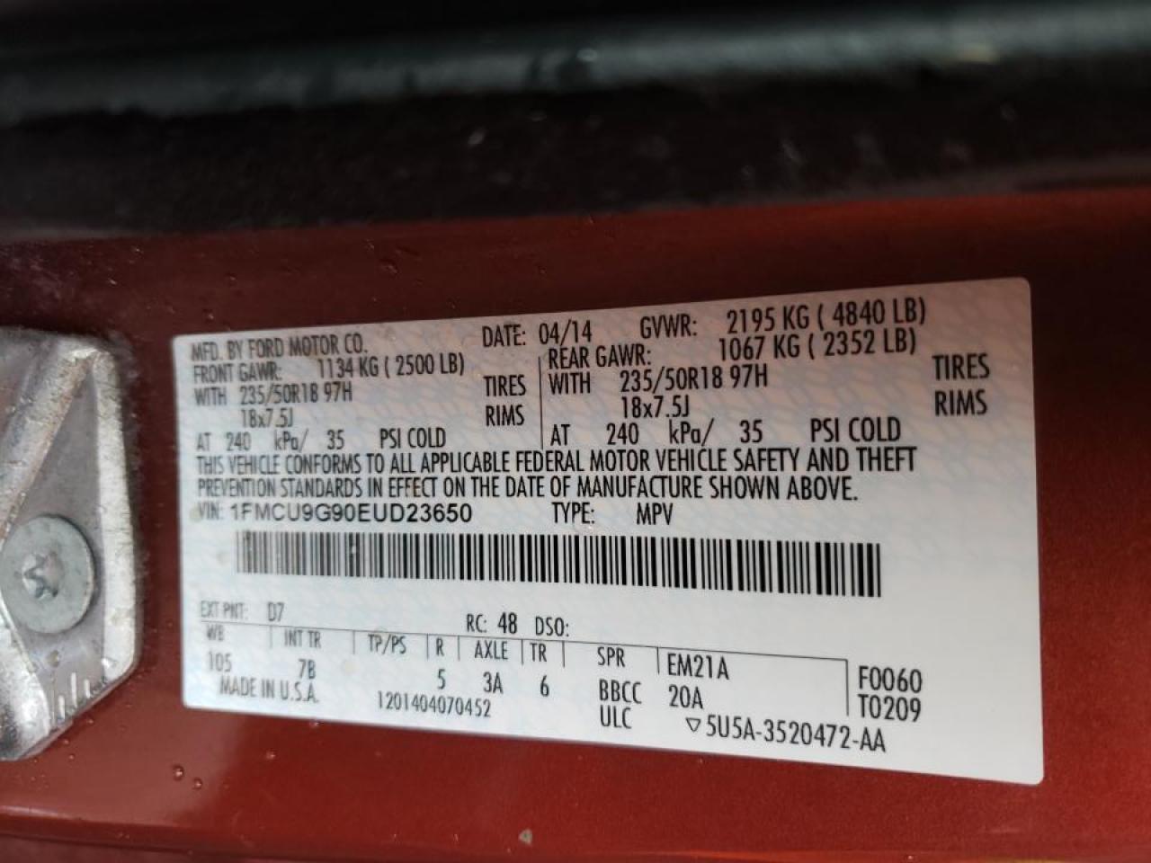 Photo 10 from auction – 2014 FORD ESCAPE SE with VIN 1FMCU9G90EUD23650
