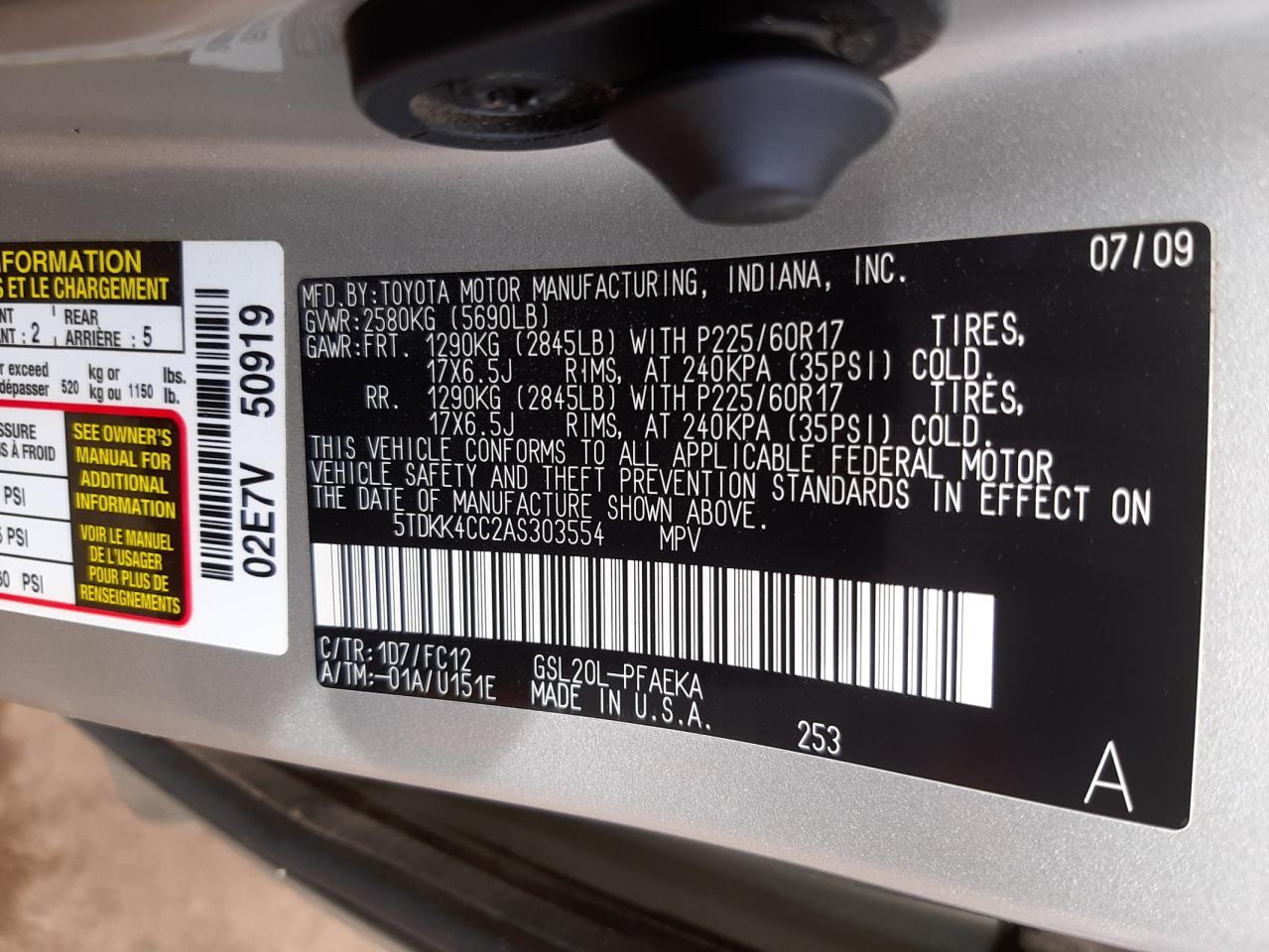 Photo 10 from auction – 2010 TOYOTA SIENNA CE with VIN 5TDKK4CC2AS303554