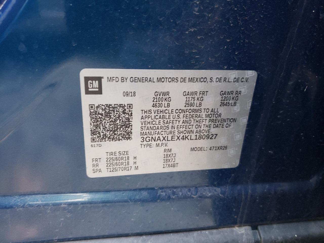 Photo 10 from auction – 2019 CHEVROLET EQUINOX LT with VIN 3GNAXLEX4KL180927